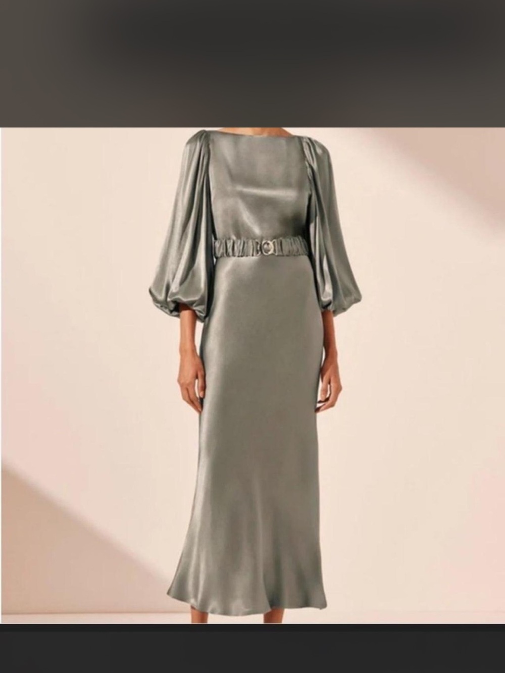 Shona Joy Sage Satin Midi Dress with Balloon Sleeves